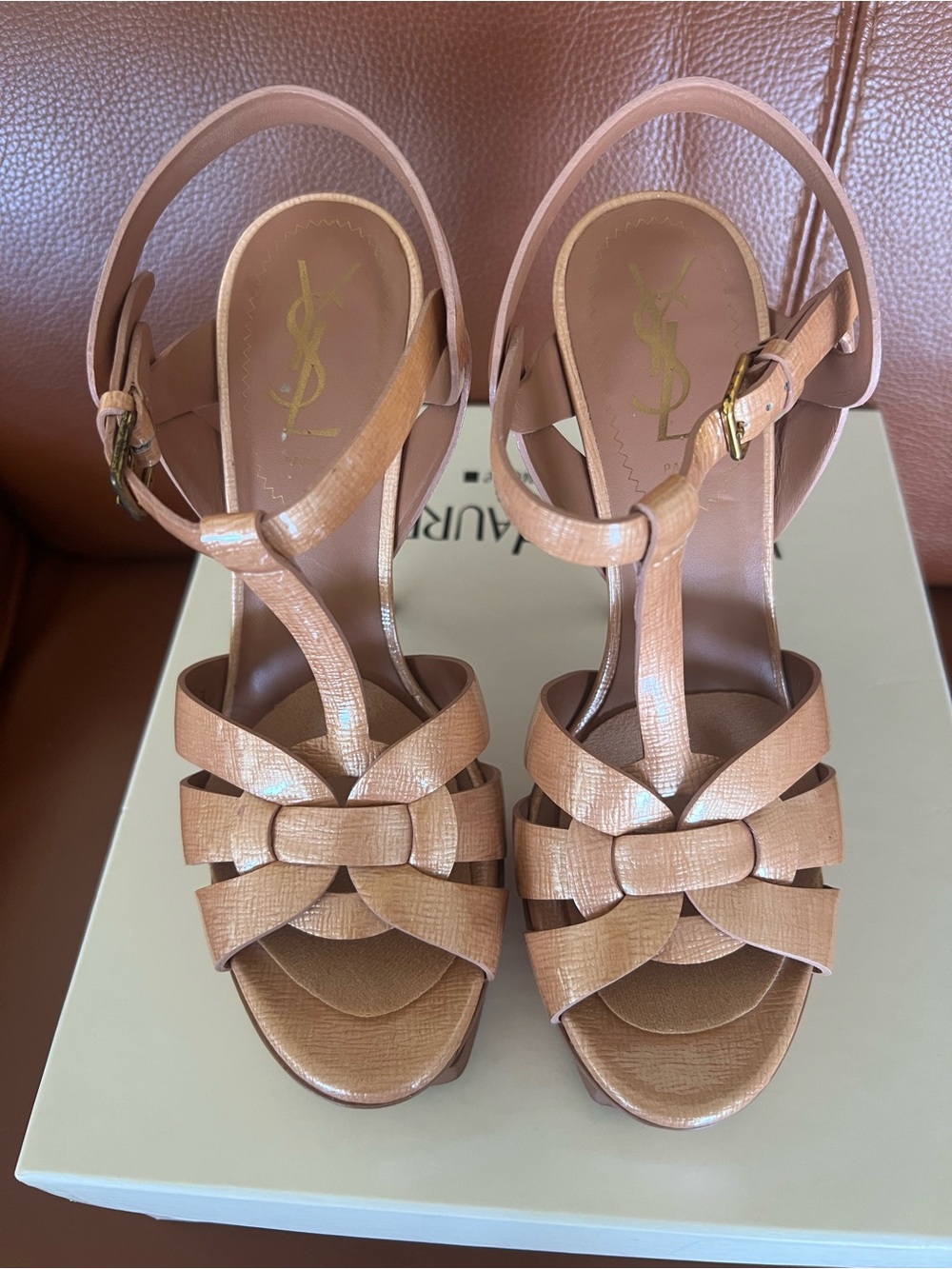 Yves Saint Laurent  Tribute 105 Peach-Tan Leather T-Strap Knot Platform Heels